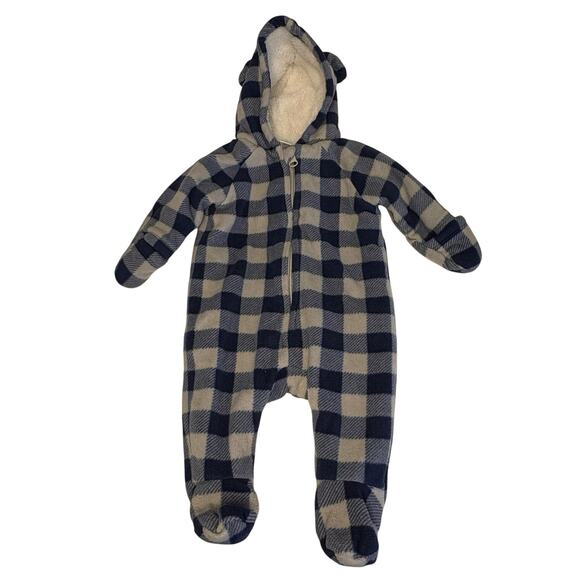 Old Navy One-Piece Fleece Snowsuit Boys 0-3M Blue Gray Check Hooded - Picture 1 of 9